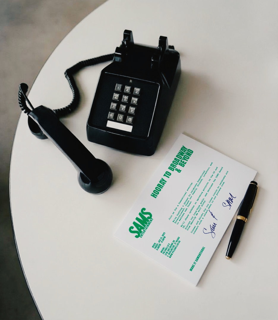 Printed invite design for Sams Entertainment Broadway branding with phone and pen