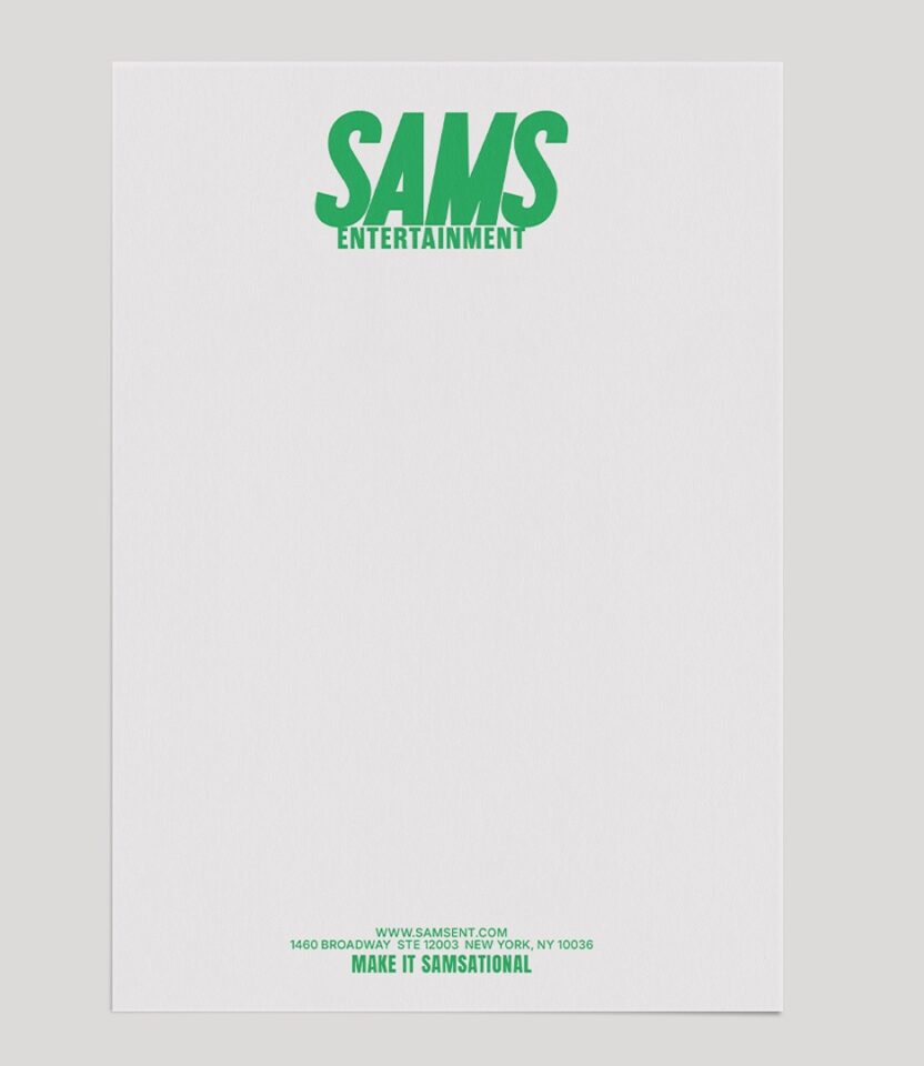 White Sams Entertainment letterhead with green logo and Make It Samsational tagline