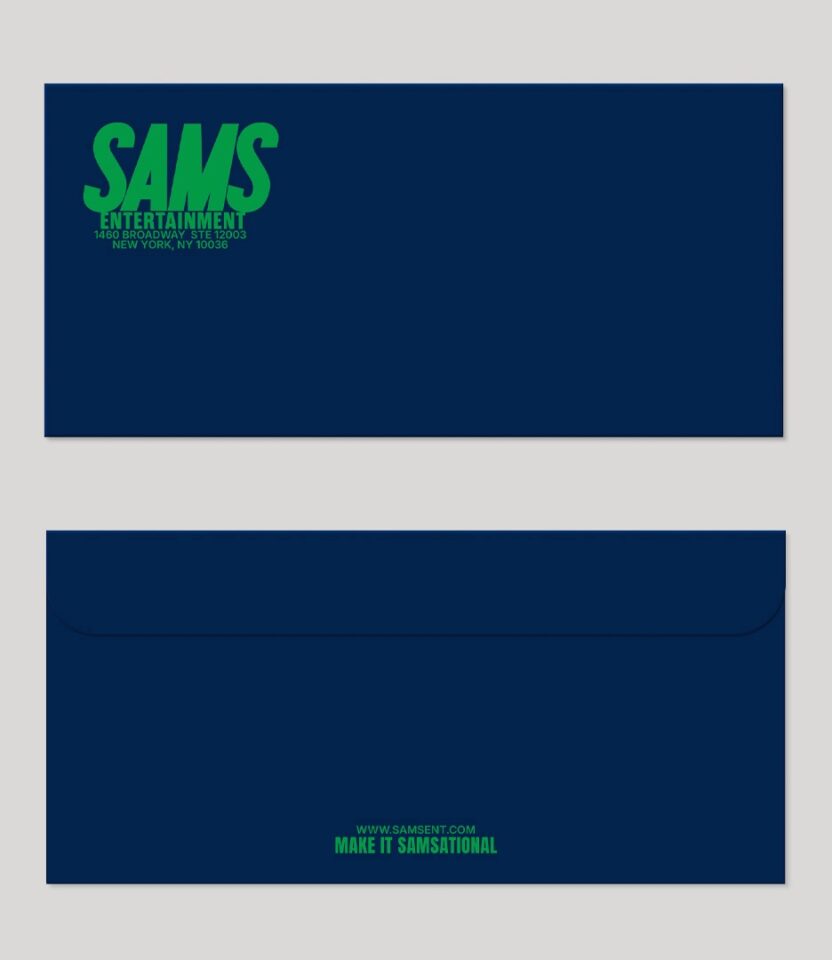 Navy envelopes with Sams Entertainment logo and Make It Samsational tagline