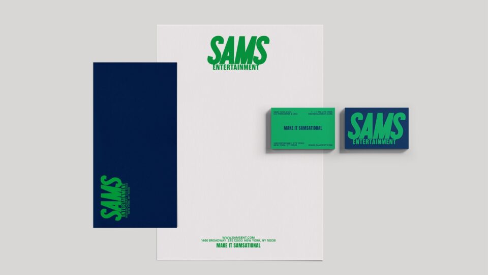 Sams Entertainment stationery set with letterhead, envelope, and business cards