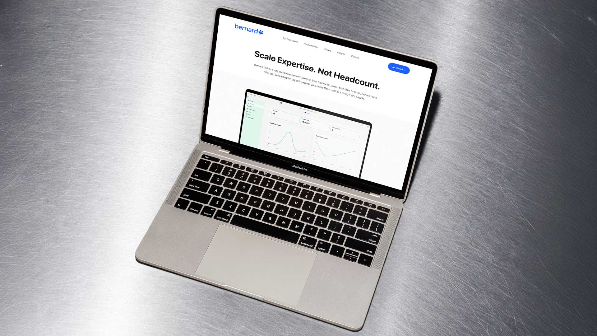 Laptop displaying the Bernard AI marketing website homepage with the headline Scale Expertise Not Headcount and a metrics dashboard. Bernard AI website design by PlanetFab.