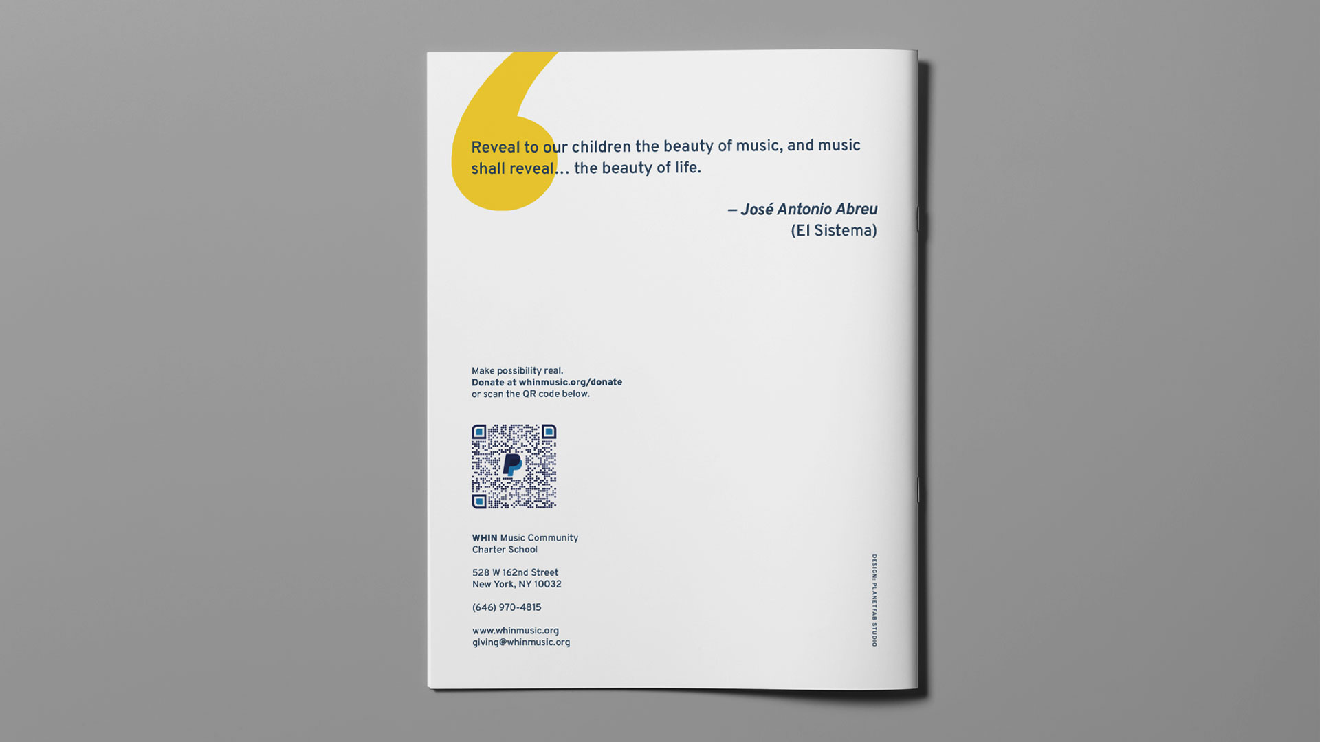 Back cover of the WHIN Music Community Charter School 2024-2025 Annual Portfolio, designed by Planetfab.
