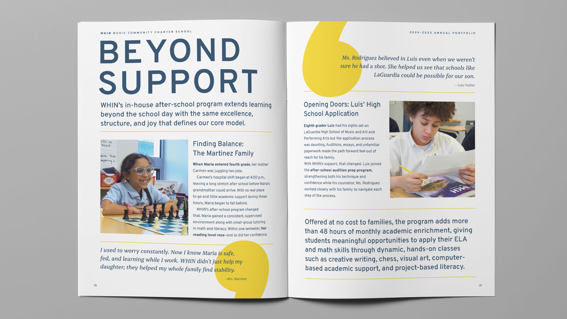 "Beyond Support" after-school program spread from the WHIN Music Community Charter School 2024-2025 Annual Portfolio, designed by Planetfab.