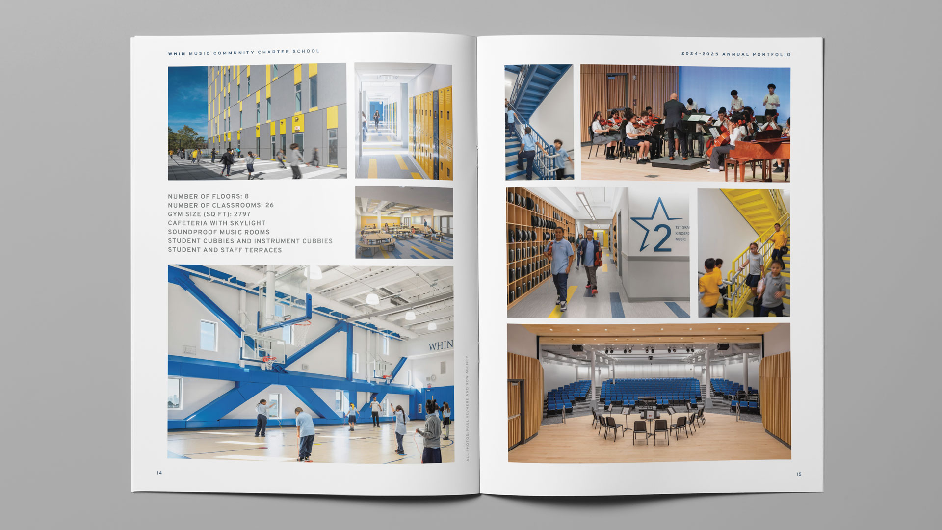 Building gallery spread from the WHIN Music Community Charter School 2024-2025 Annual Portfolio, designed by Planetfab.