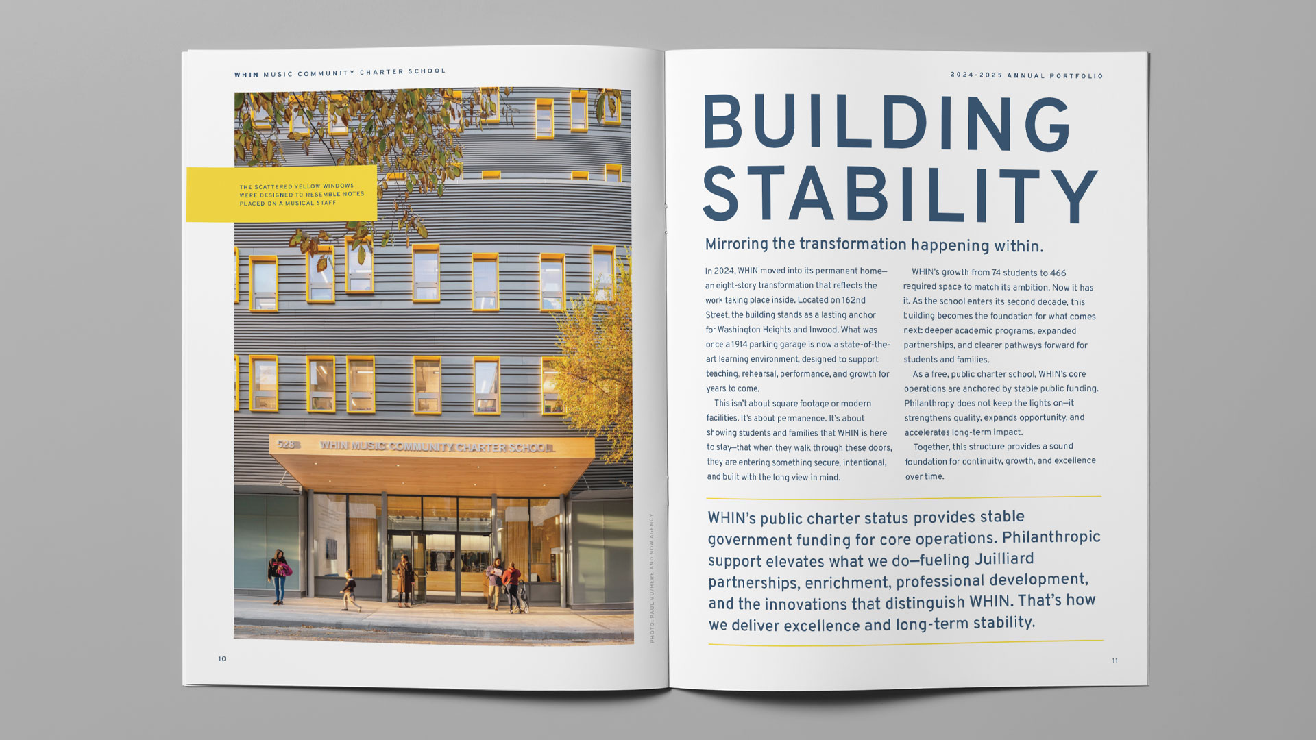 "Building Stability" spread from the WHIN Music Community Charter School 2024-2025 Annual Portfolio, designed by Planetfab.
