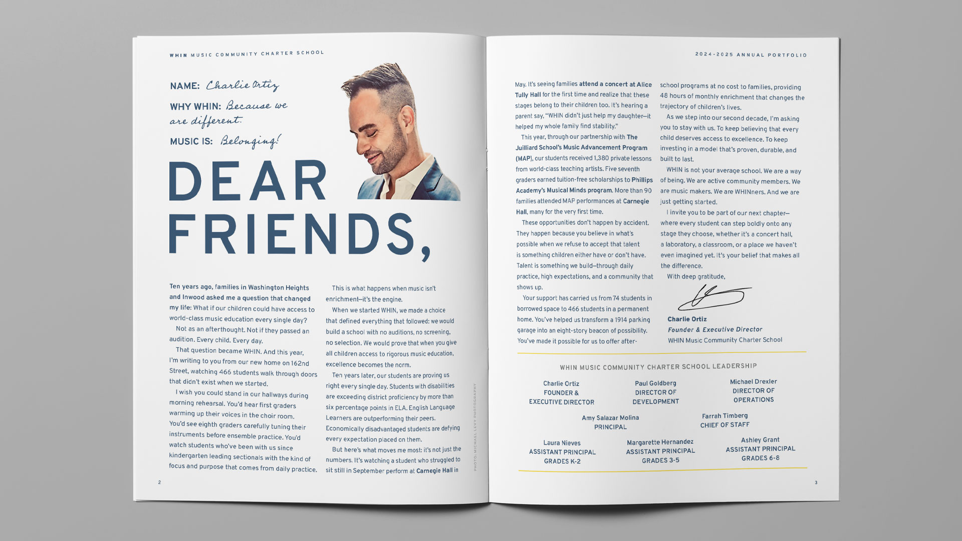 Dear Friends" letter spread from Charlie Ortiz in the WHIN Music Community Charter School 2024-2025 Annual Portfolio, designed by Planetfab.