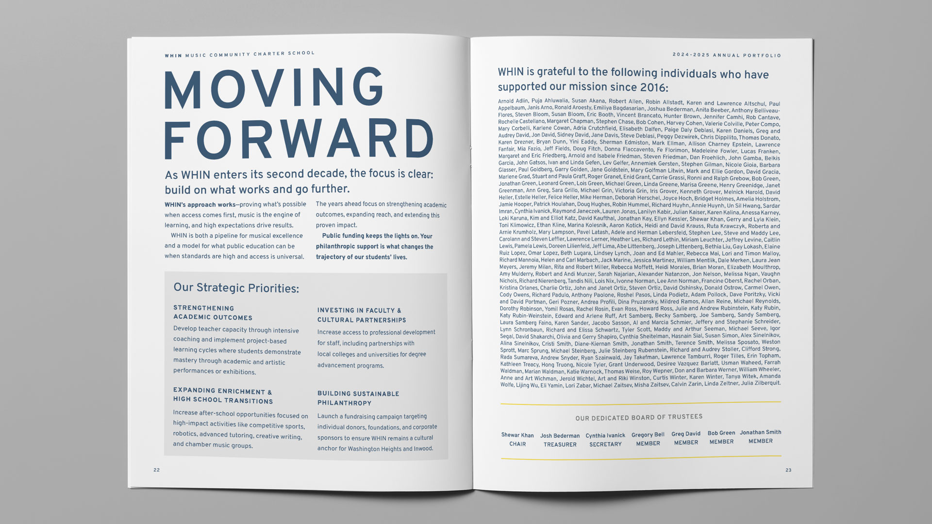 "Moving Forward" closing spread from the WHIN Music Community Charter School 2024-2025 Annual Portfolio, designed by Planetfab.