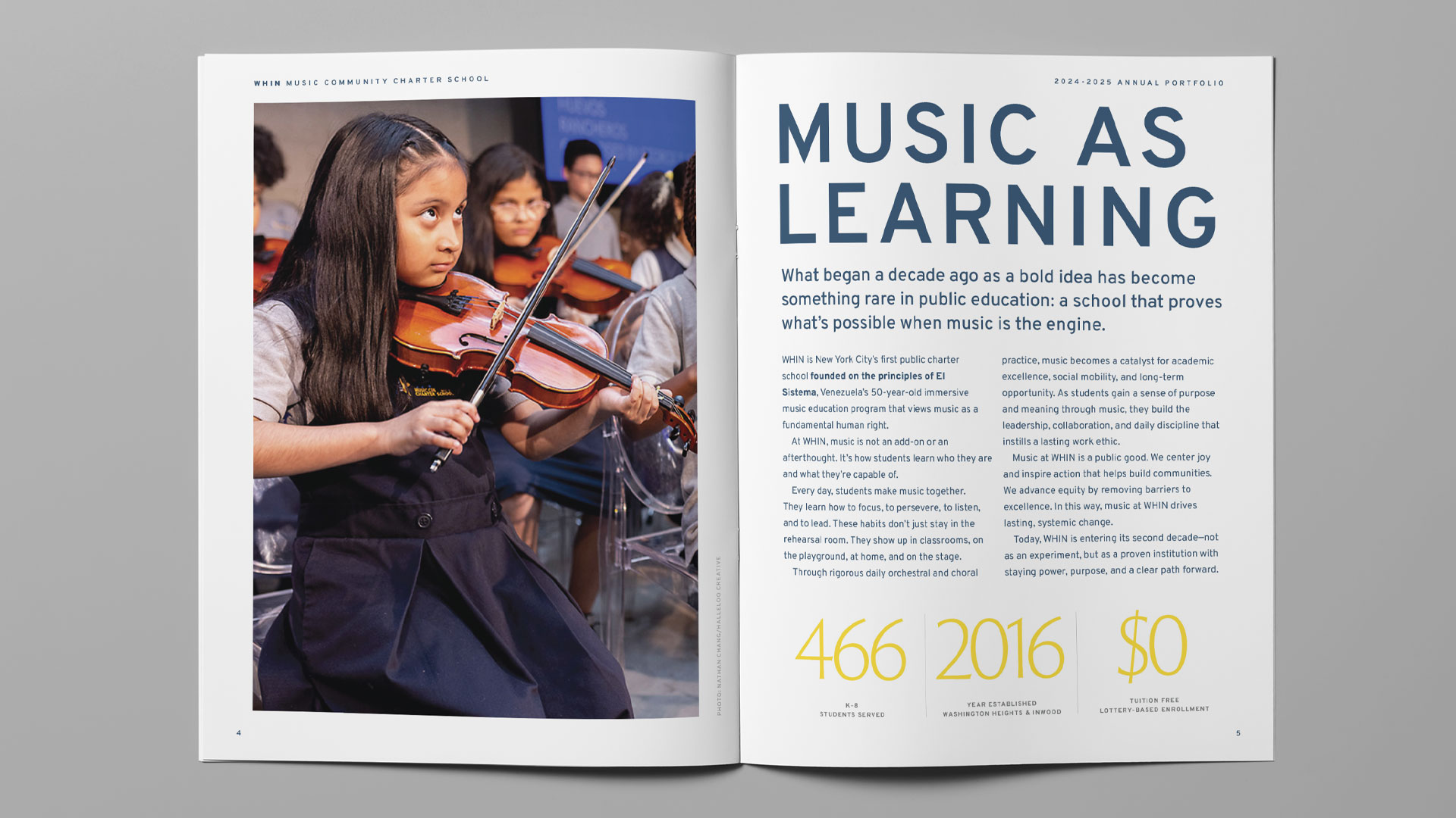 "Music as Learning" spread from the WHIN Music Community Charter School 2024-2025 Annual Portfolio, designed by Planetfab.