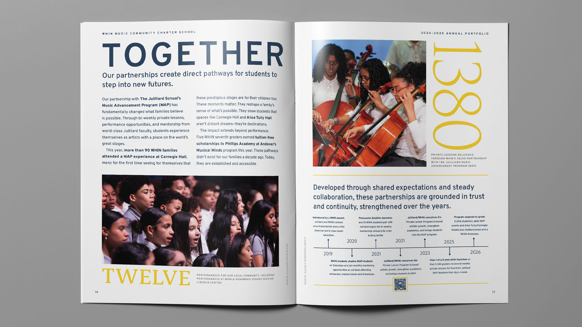 "Together" partnerships spread from the WHIN Music Community Charter School 2024-2025 Annual Portfolio, designed by Planetfab.