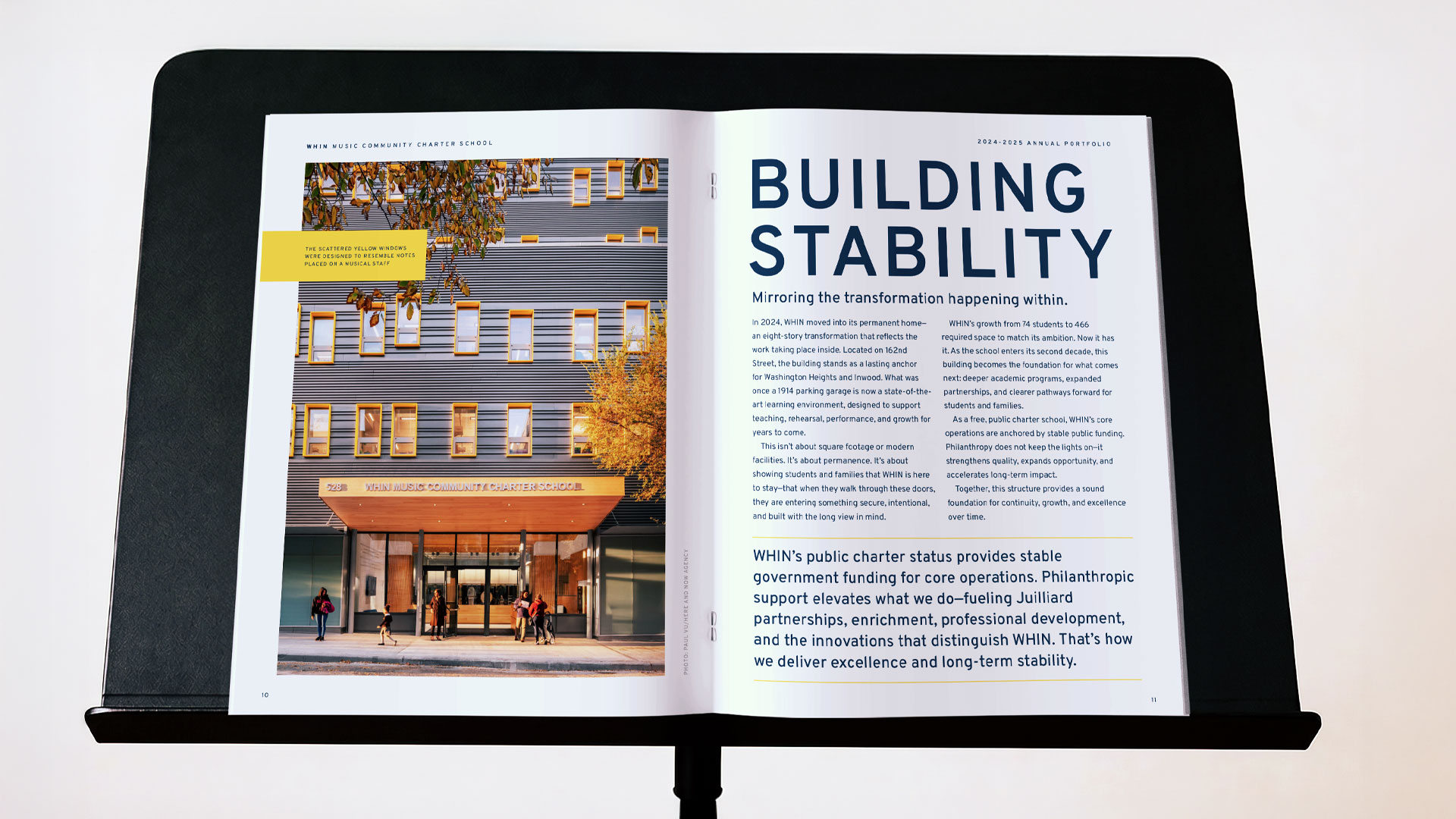 WHIN Music Community Charter School 2024-2025 Annual Portfolio "Building Stability" spread on a music stand, designed by Planetfab.