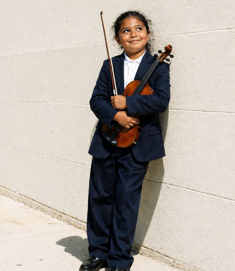 Student with violin, WHIN Music Community Charter School case study by Planetfab.