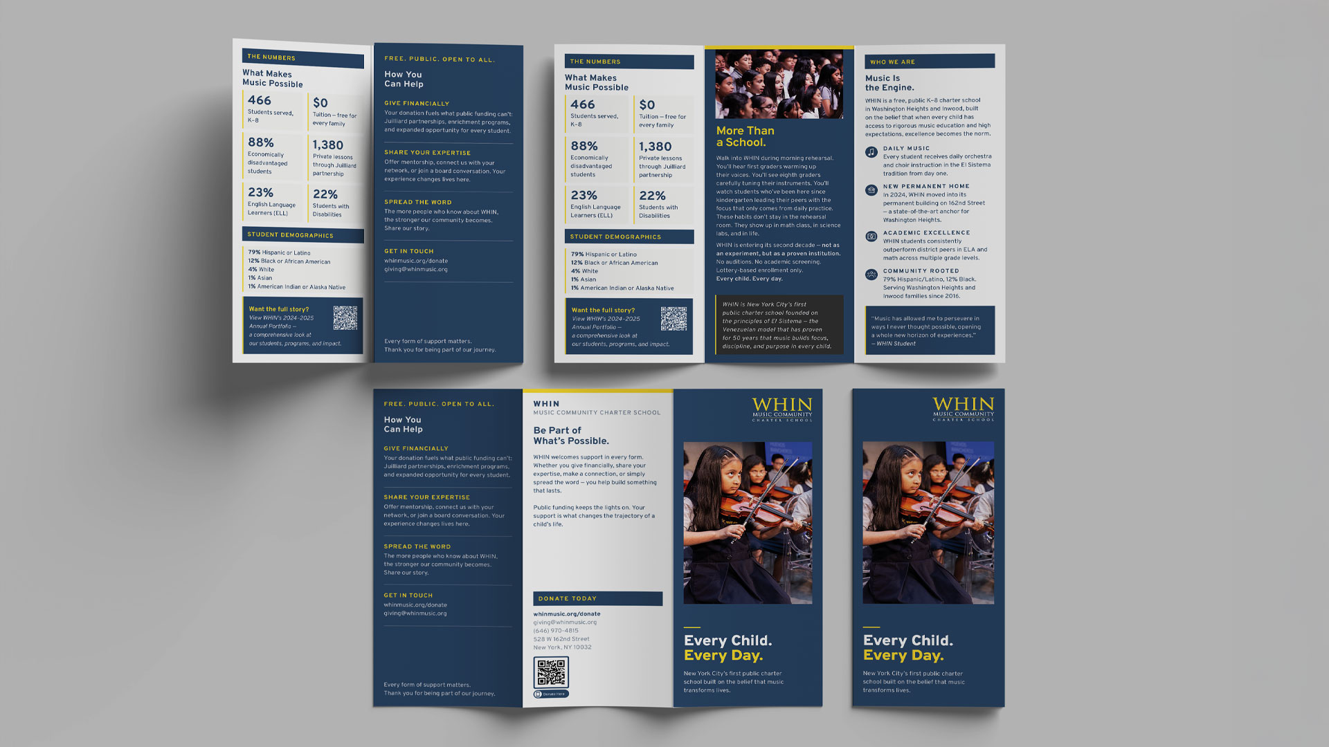 WHIN Music Community Charter School "Every Child. Every Day." trifold brochure, designed by Planetfab.