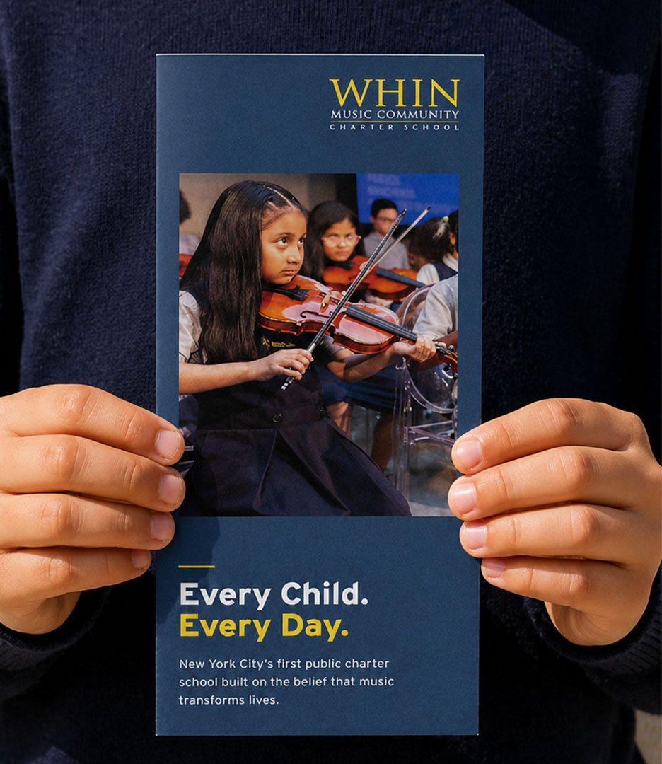WHIN Music Community Charter School "Every Child. Every Day." trifold brochure, designed by Planetfab.