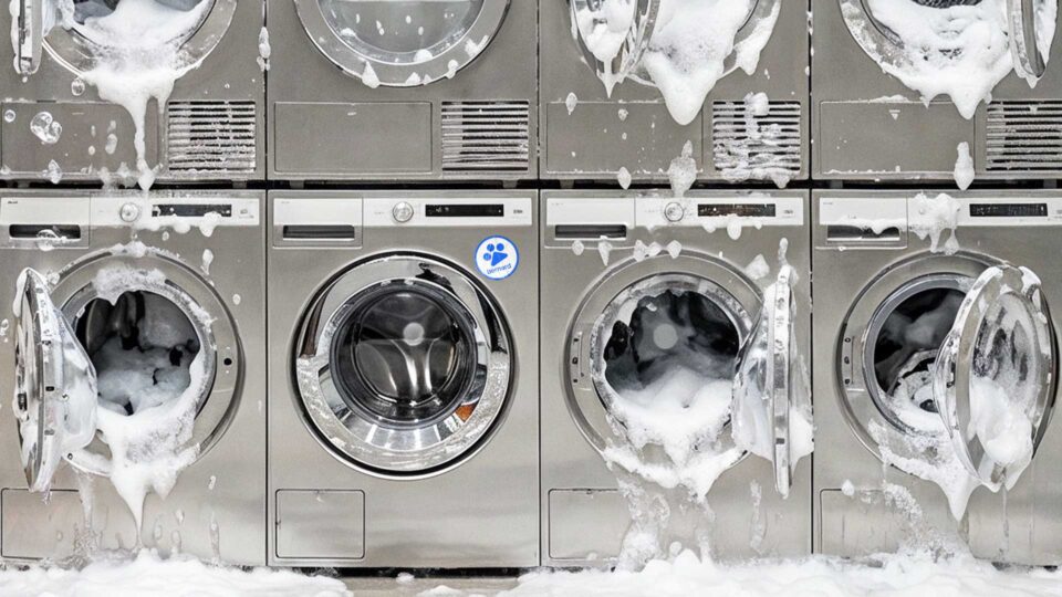 Row of front-load washing machines overflowing with soap suds with the Bernard AI paw print logo visible, illustrating appliance malfunction in the field. Bernard AI brand identity by PlanetFab.