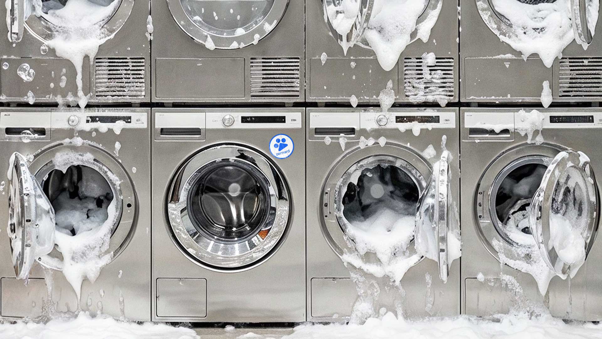 Row of front-load washing machines overflowing with soap suds with the Bernard AI paw print logo visible, illustrating appliance malfunction in the field. Bernard AI brand identity by PlanetFab.