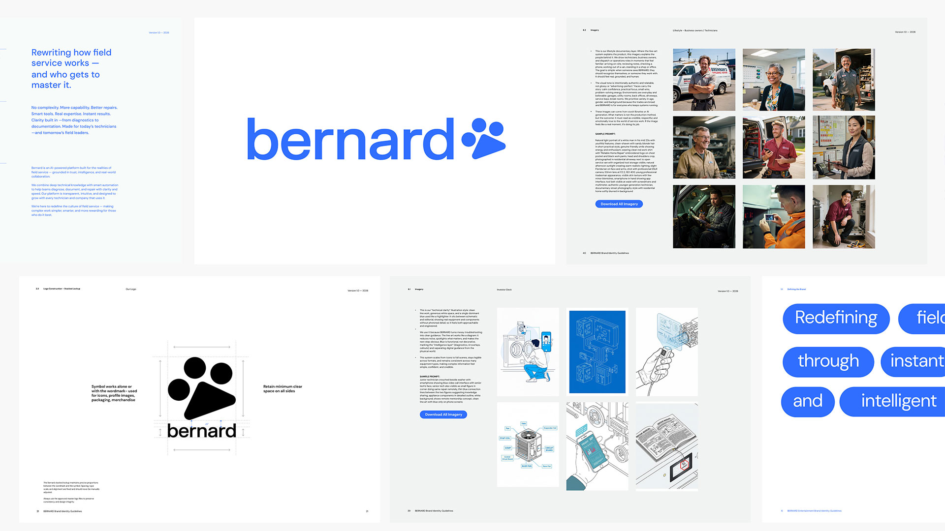 Spread of Bernard AI brand guideline pages showing the wordmark, primary messaging, lifestyle photography of field service technicians, technical illustration style, logo construction, and brand messaging pillars. Bernard AI brand identity by PlanetFab.