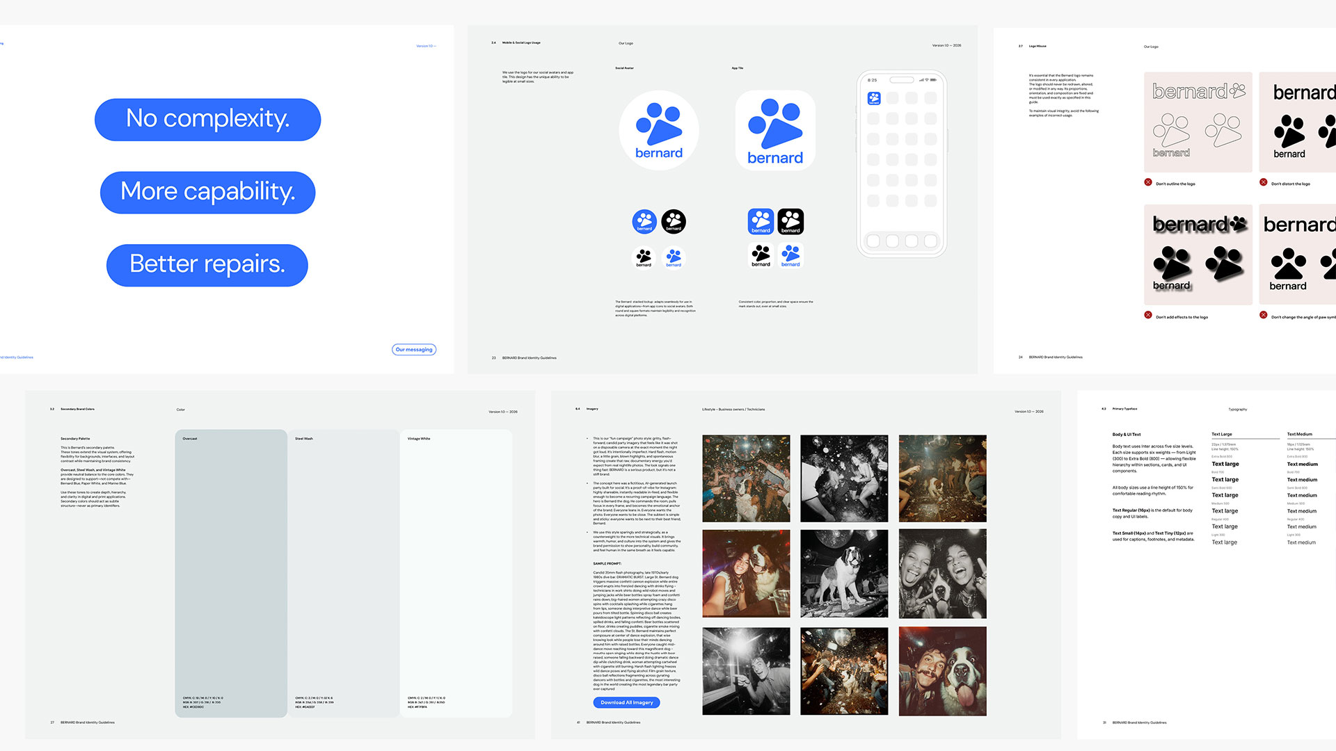 Spread of Bernard AI brand guideline pages showing logo usage rules, mobile and app icon formats, incorrect logo usage examples, secondary color palette, lifestyle imagery direction, and typography scale. Bernard AI brand identity by PlanetFab.
