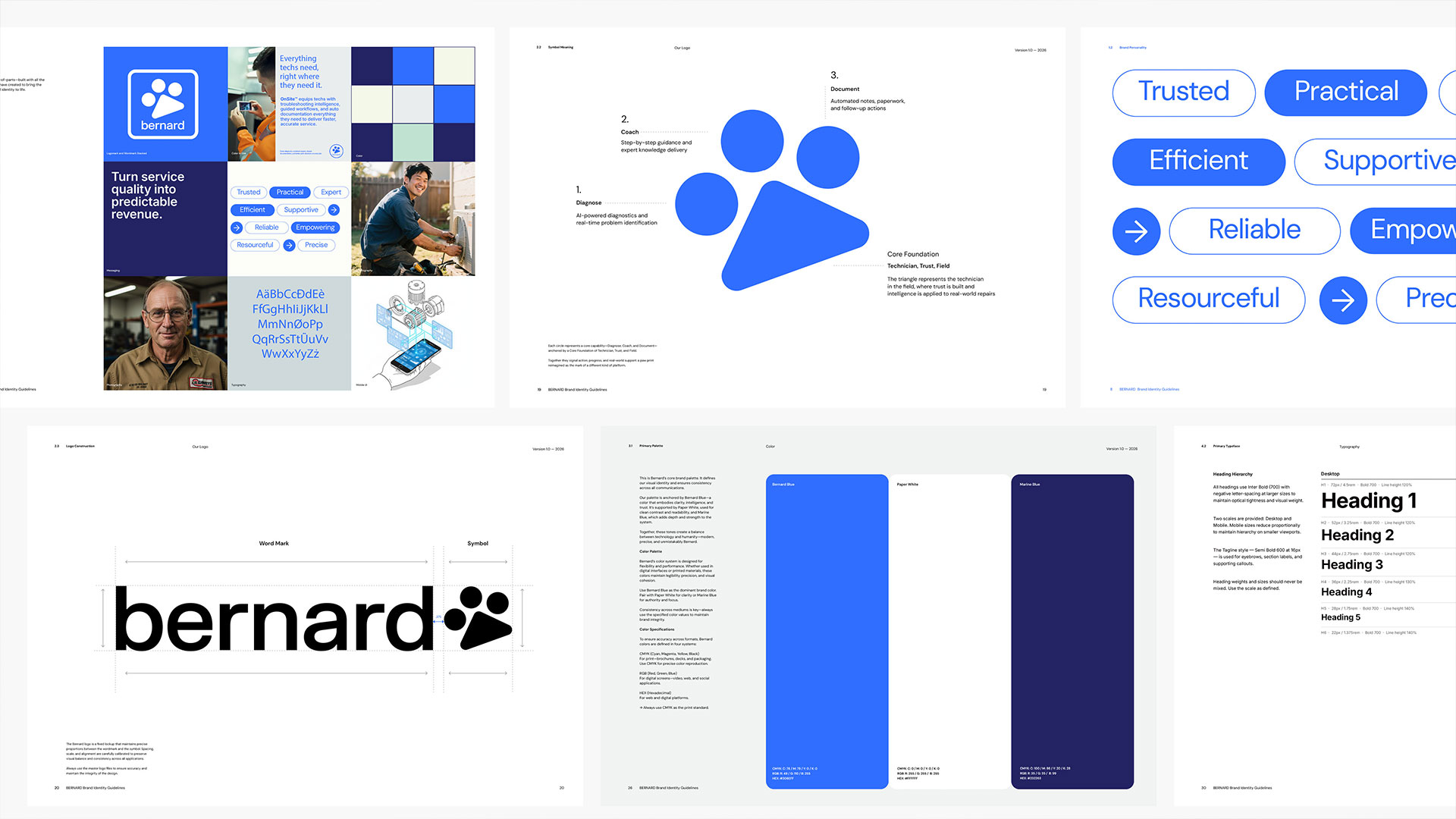 Spread of Bernard AI brand guideline pages showing the logo system, paw print mark, three core capabilities, brand personality pillars, color palette, and typography hierarchy. Bernard AI brand identity by PlanetFab.