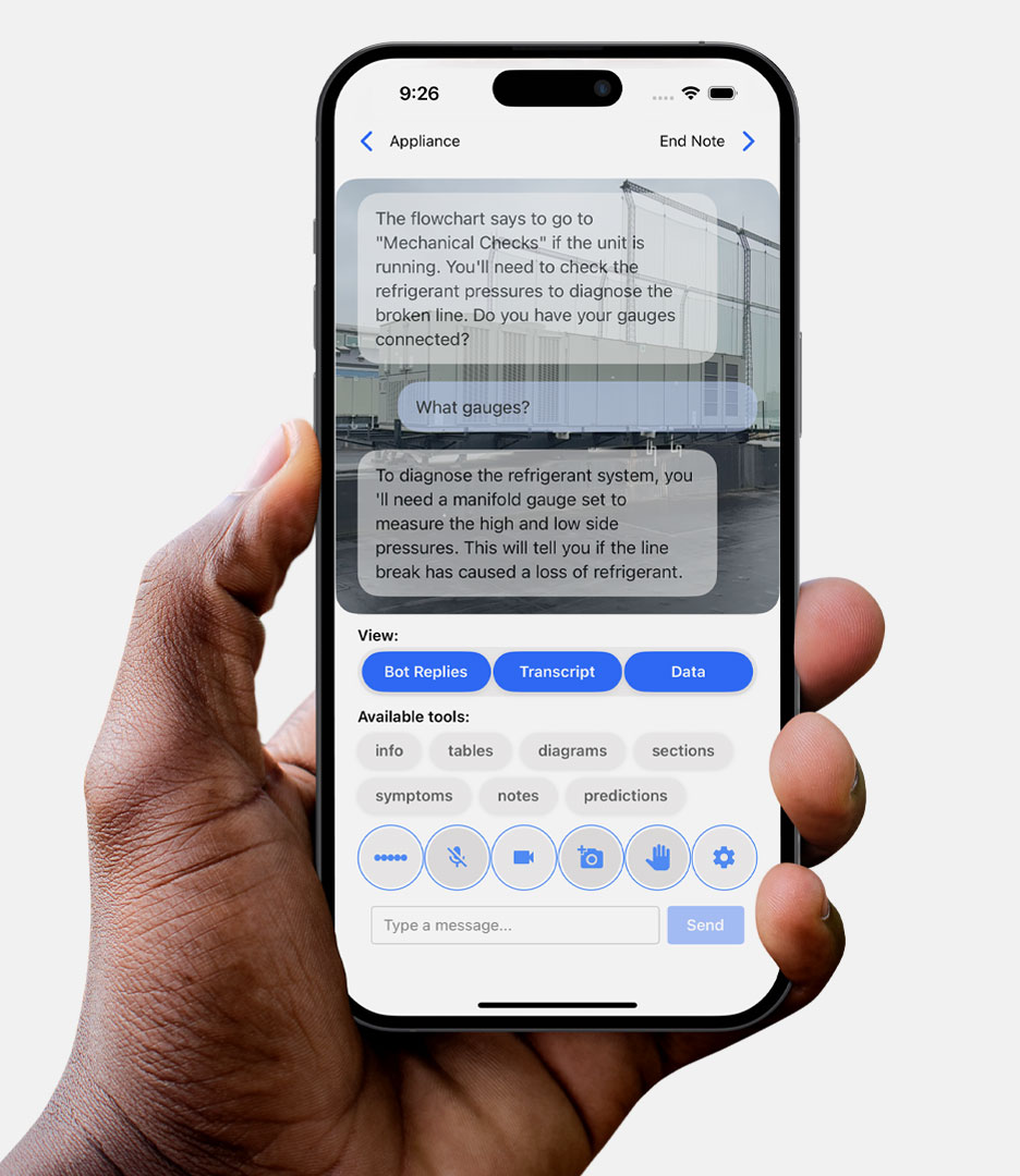 Hand holding a smartphone showing the Bernard AI diagnostics chat interface with AI repair guidance and available tools for HVAC troubleshooting. Bernard AI brand identity by PlanetFab.