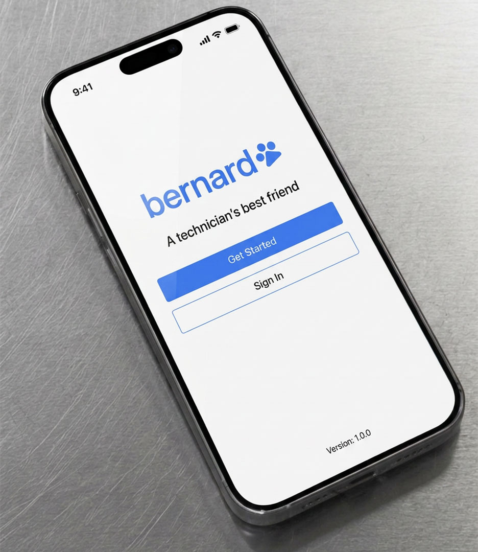 Smartphone displaying the Bernard AI app welcome screen with the tagline A technician's best friend and Get Started button. Bernard AI brand identity by PlanetFab.
