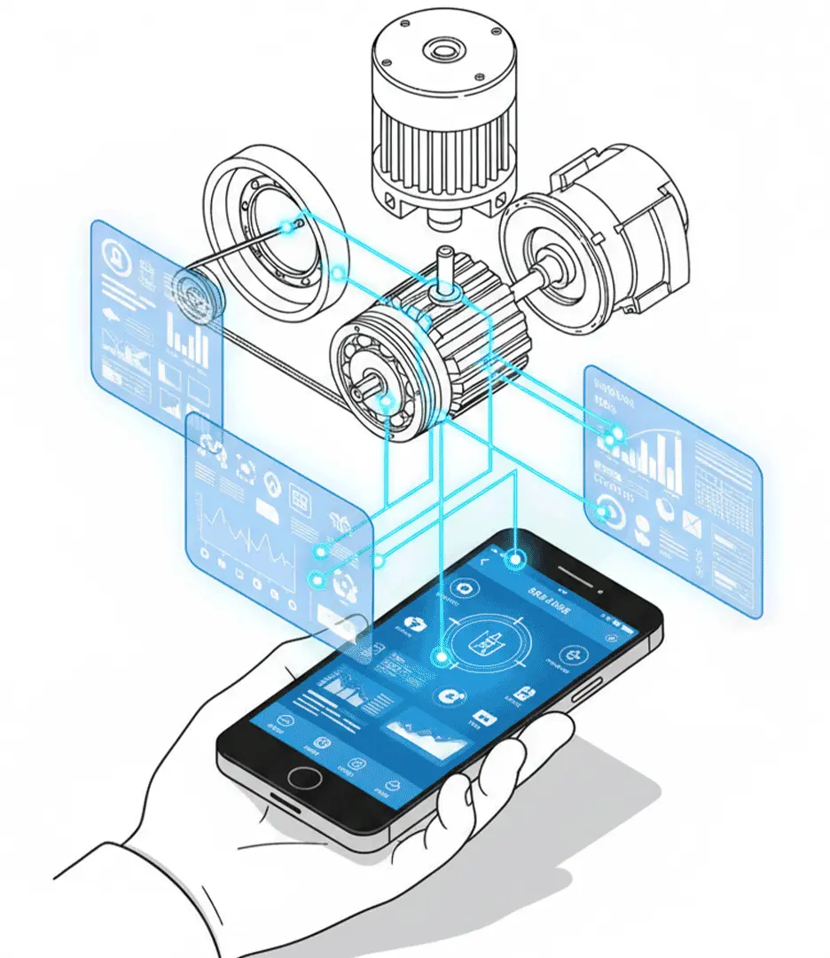 Animated technical illustration of a hand holding a smartphone connected to an exploded mechanical motor diagram with data overlays, from the Bernard AI investor deck. Bernard AI investor deck design by PlanetFab.