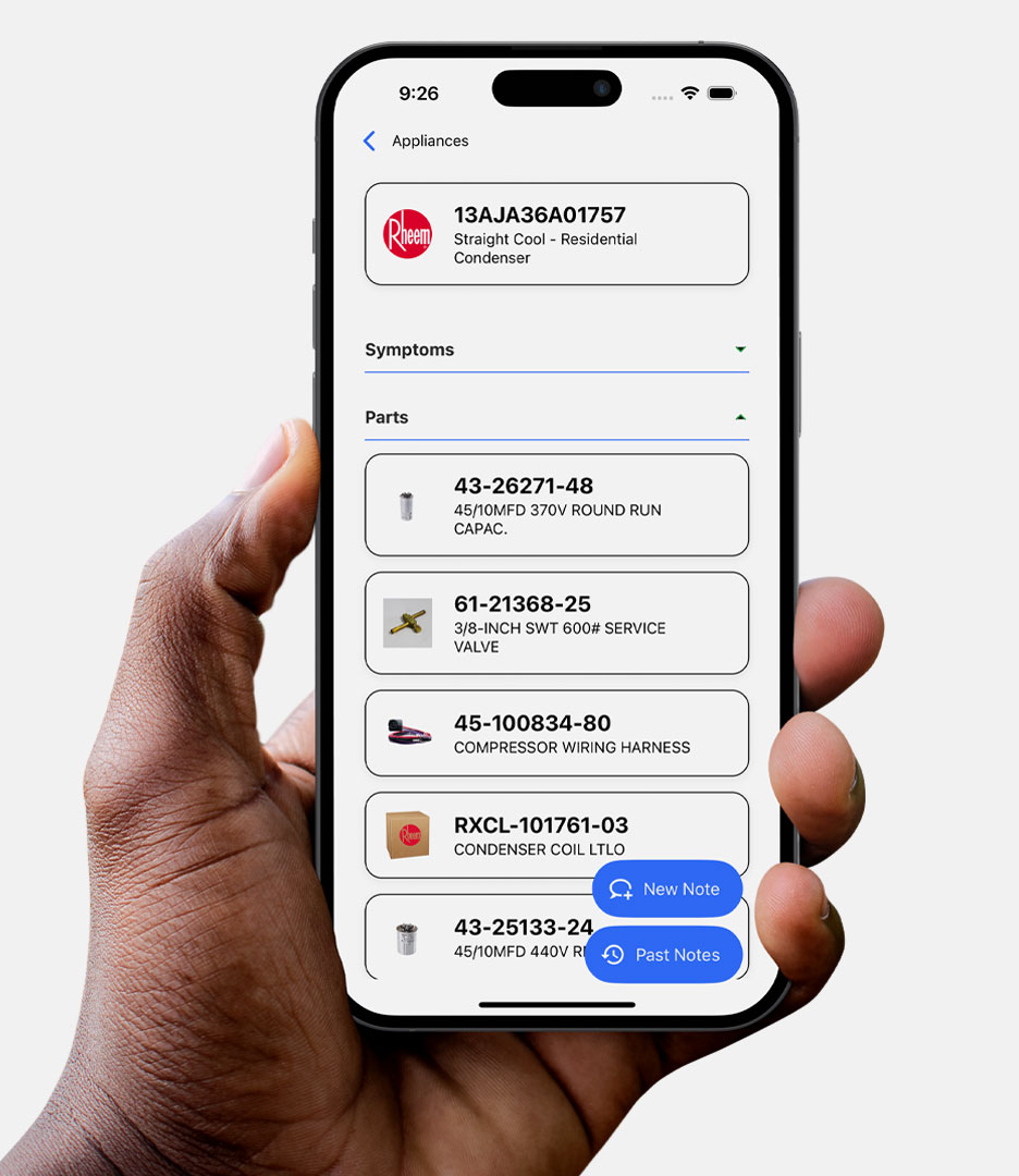 Hand holding a smartphone showing the Bernard AI parts lookup screen with HVAC components and part numbers. Bernard AI brand identity by PlanetFab.