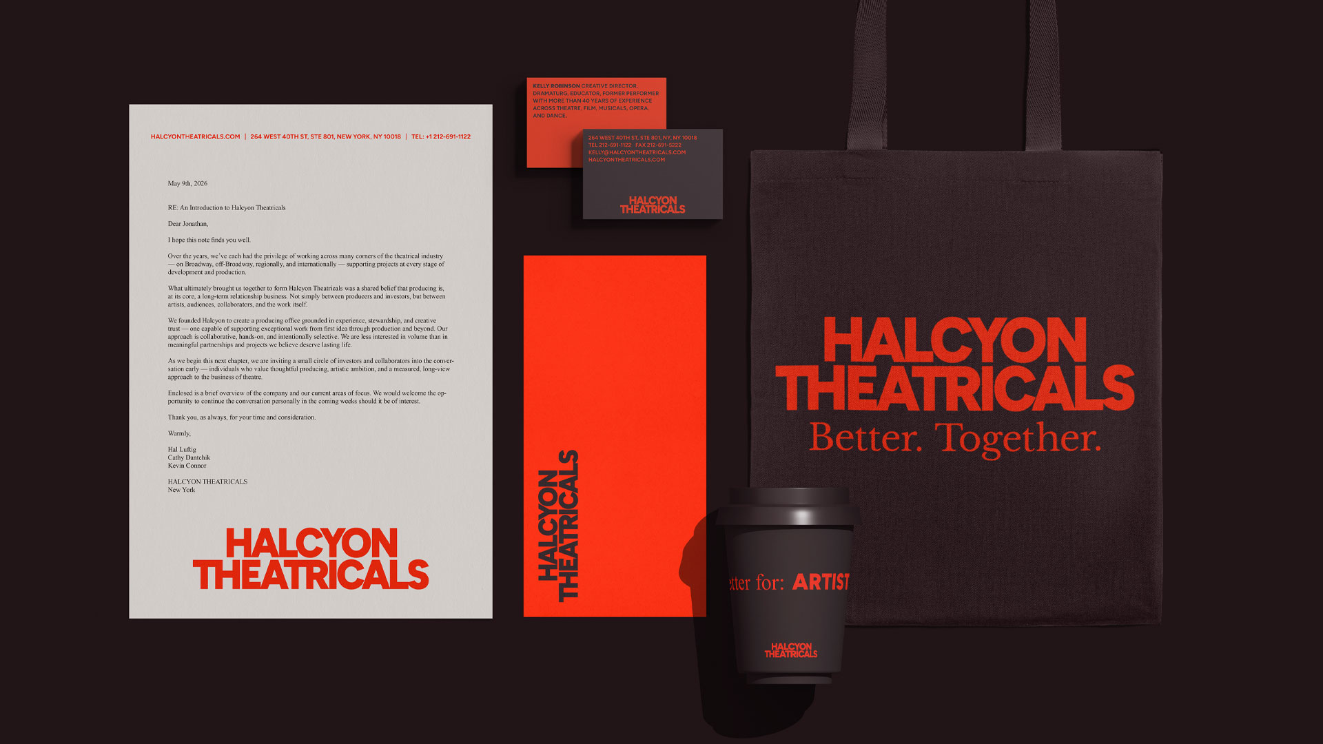 Halcyon Theatricals brand collateral system showing letterhead, business cards, printed materials, a coffee cup and branded tote bag.