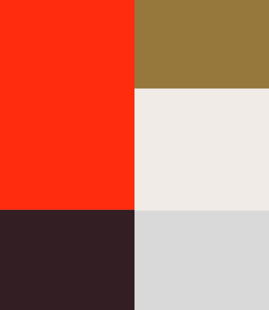 Halcyon Theatricals brand color palette featuring red, dark brown, warm gold, off-white and light gray.
