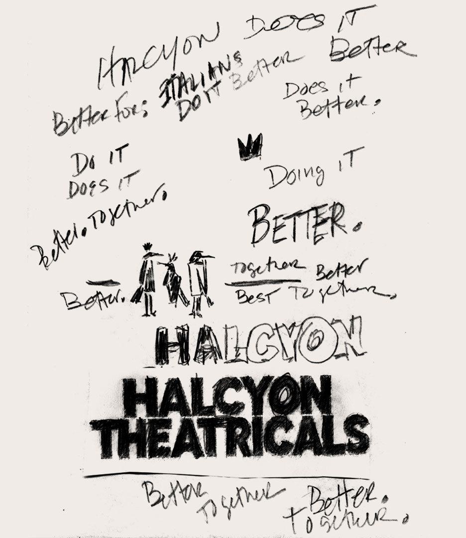 Early Halcyon Theatricals concept sketch exploring the Better. Together. brand idea, three-bird emblem and wordmark development.
