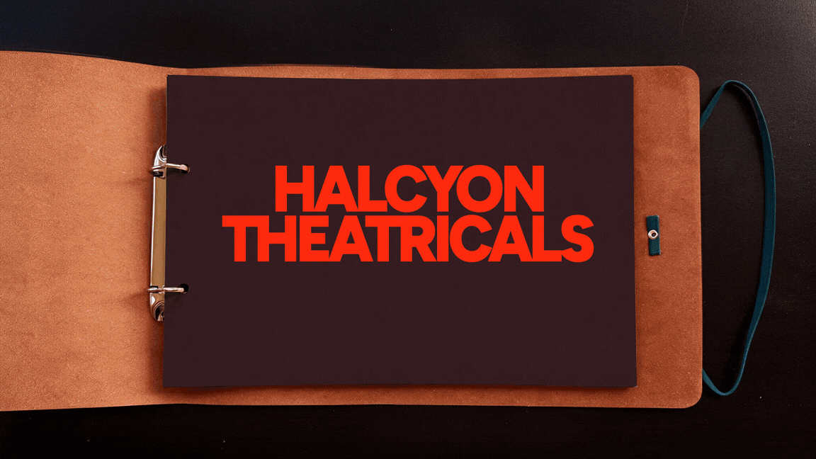 Animated Halcyon Theatricals brand guidelines showing the logo, typography, color palette and visual identity applications.