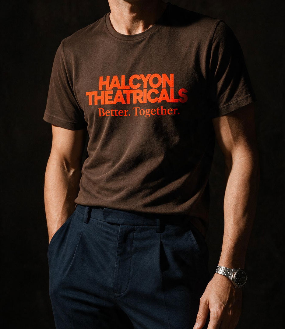Dark brown Halcyon Theatricals T-shirt featuring the red wordmark and Better. Together. brand message.