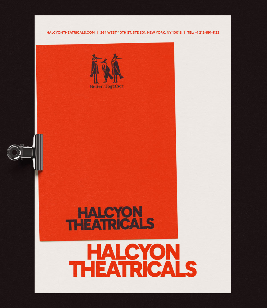 Halcyon Theatricals letterhead featuring the red wordmark, three-bird emblem and Better. Together. brand message.