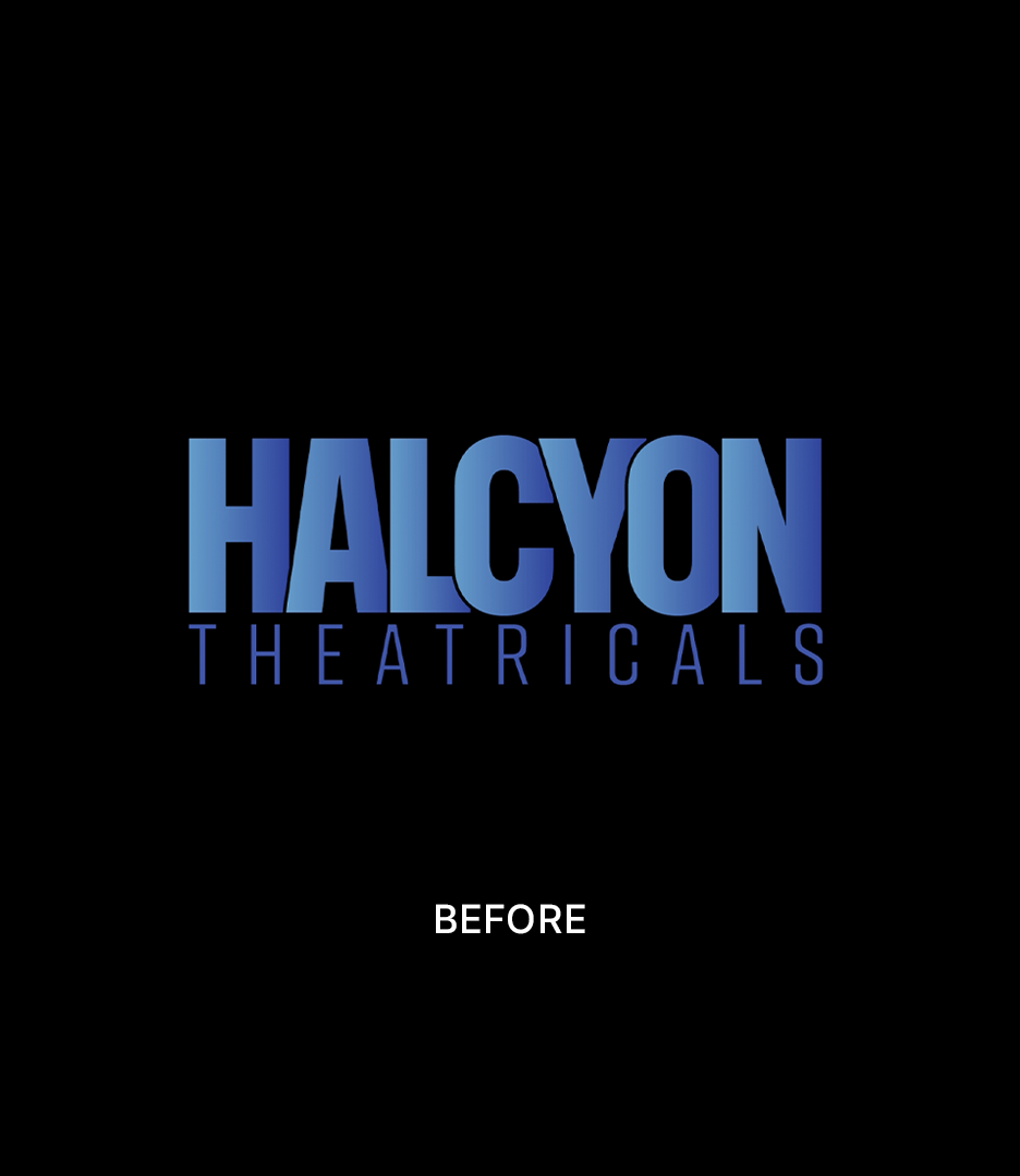 Previous Halcyon Theatricals logo in blue on a black background, shown before the company’s rebrand.