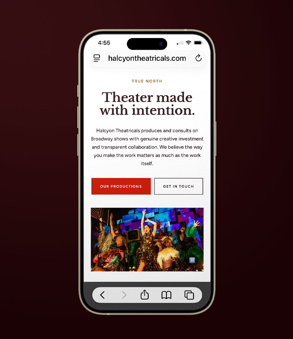 Halcyon Theatricals mobile website homepage showing the “Theater made with intention” message, production imagery and navigation.