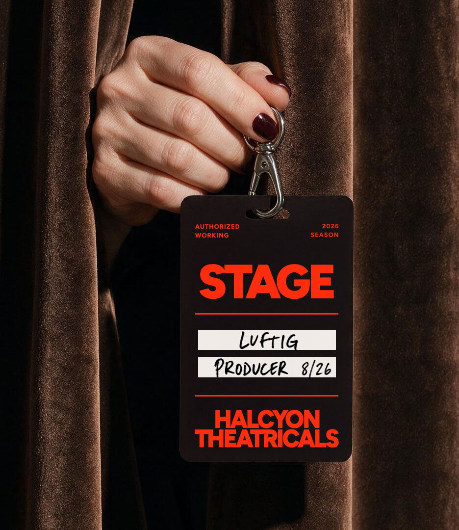 Halcyon Theatricals backstage stage pass for producer Hal Luftig, featuring the company’s black and red brand identity.