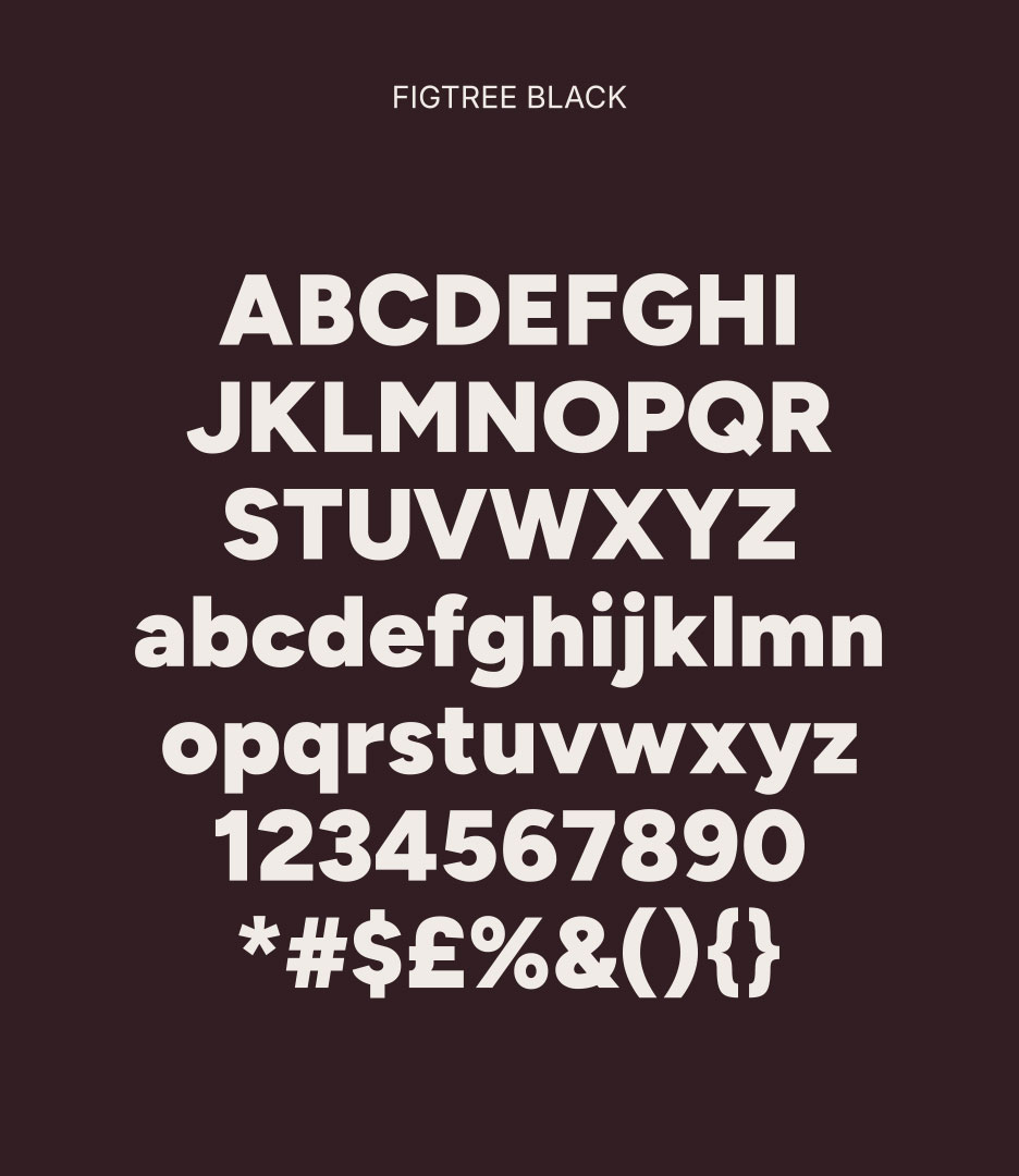 Halcyon Theatricals typography specimen showing Figtree Black with uppercase and lowercase characters, numerals and symbols.