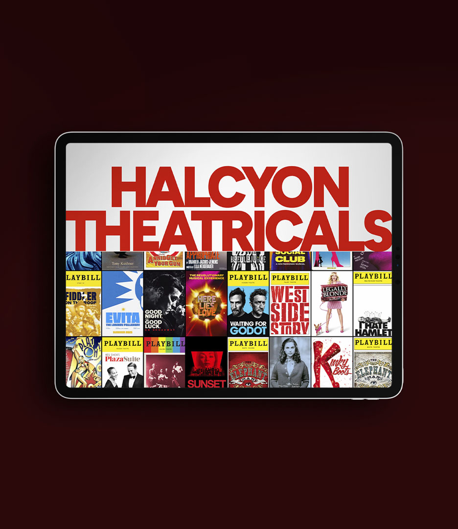 Halcyon Theatricals website displayed on a tablet, featuring the company logo and a collection of Broadway productions