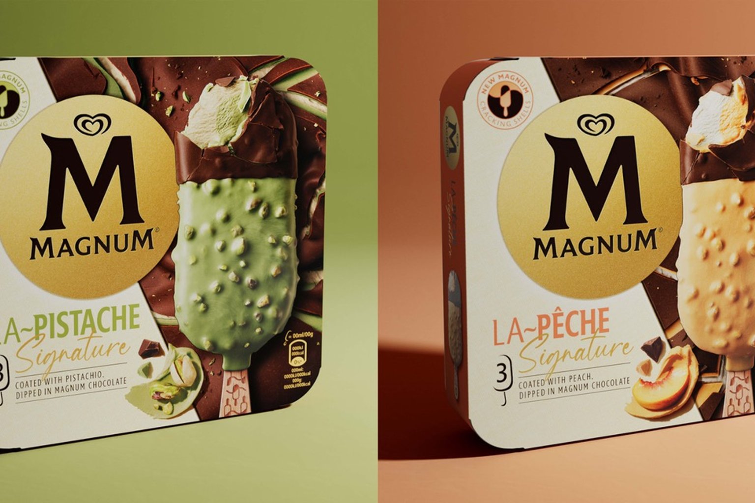 Magnum La Pistache ice cream bar packaging with green pistachio coating on olive-green background